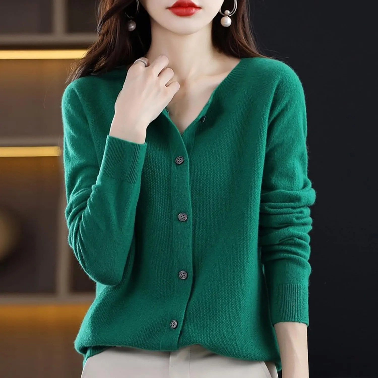 WENOREG Women's Round Neck Cardigan Sweaters Button Front Long Sleeve Soft Warm Knit Open Front Sweater