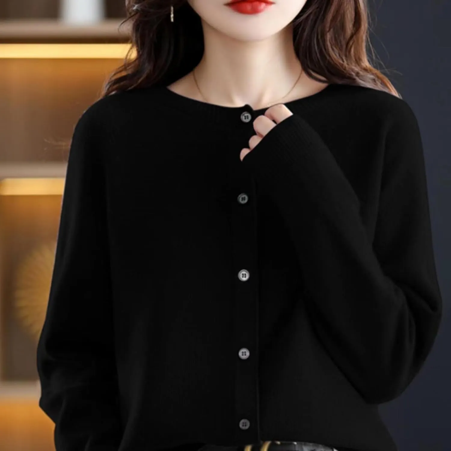 WENOREG Women's Round Neck Cardigan Sweaters Button Front Long Sleeve Soft Warm Knit Open Front Sweater