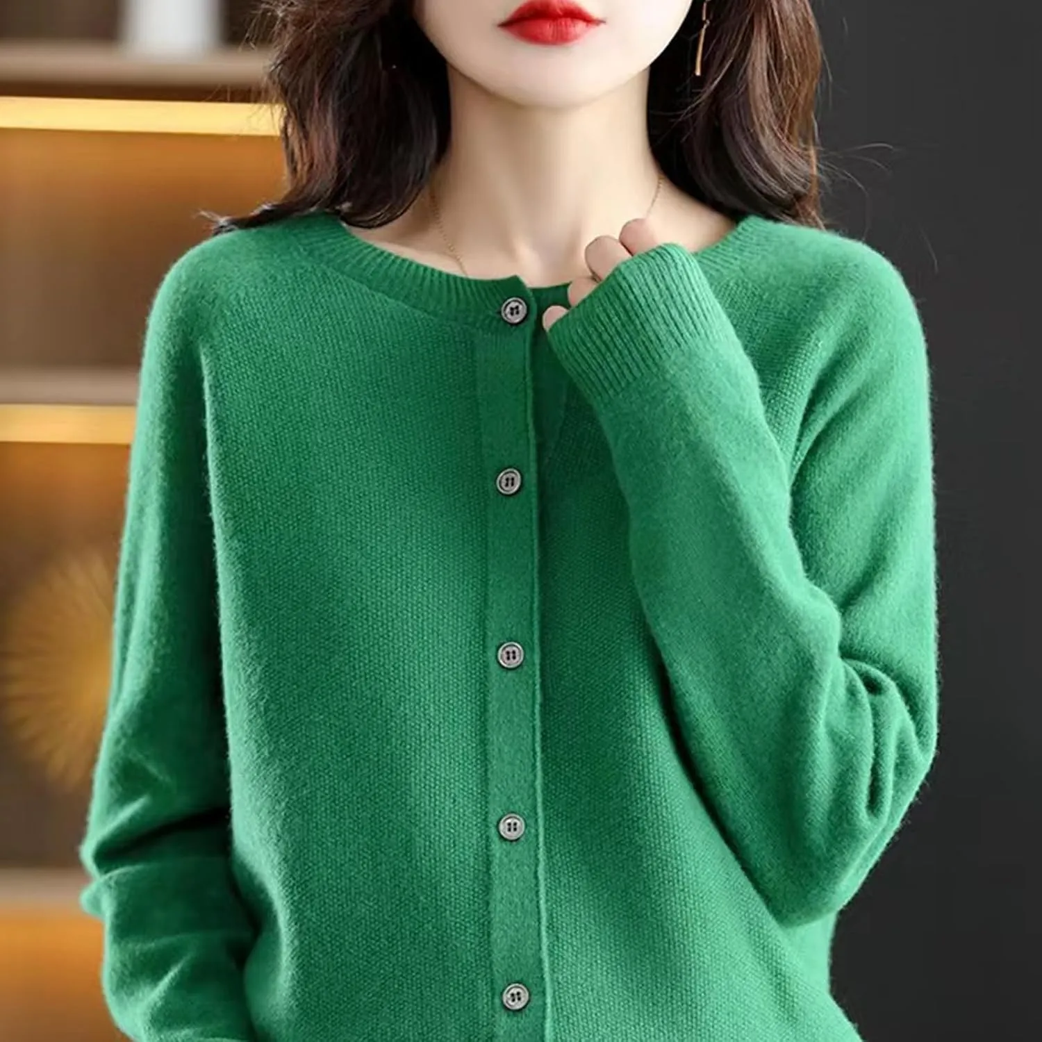 WENOREG Women's Round Neck Cardigan Sweaters Button Front Long Sleeve Soft Warm Knit Open Front Sweater