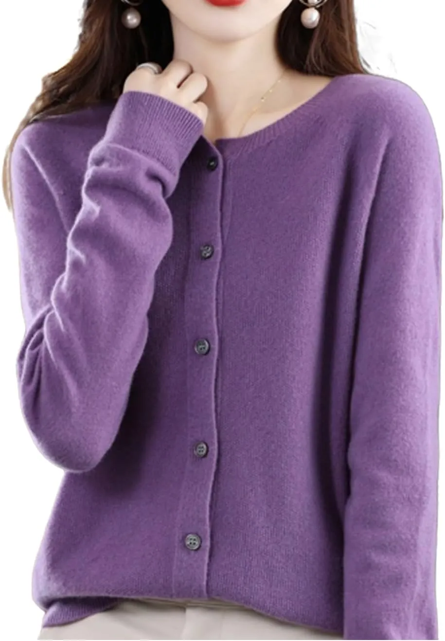 WENOREG Women's Round Neck Cardigan Sweaters Button Front Long Sleeve Soft Warm Knit Open Front Sweater