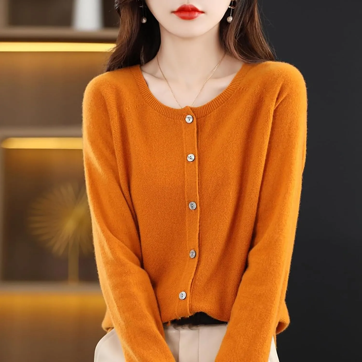 WENOREG Women's Round Neck Cardigan Sweaters Button Front Long Sleeve Soft Warm Knit Open Front Sweater