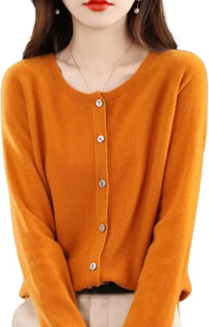 WENOREG Women's Round Neck Cardigan Sweaters Button Front Long Sleeve Soft Warm Knit Open Front Sweater