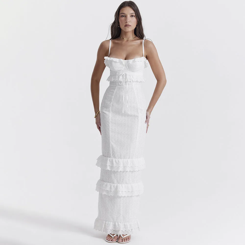 White Hook Flower Suspender Long Dress