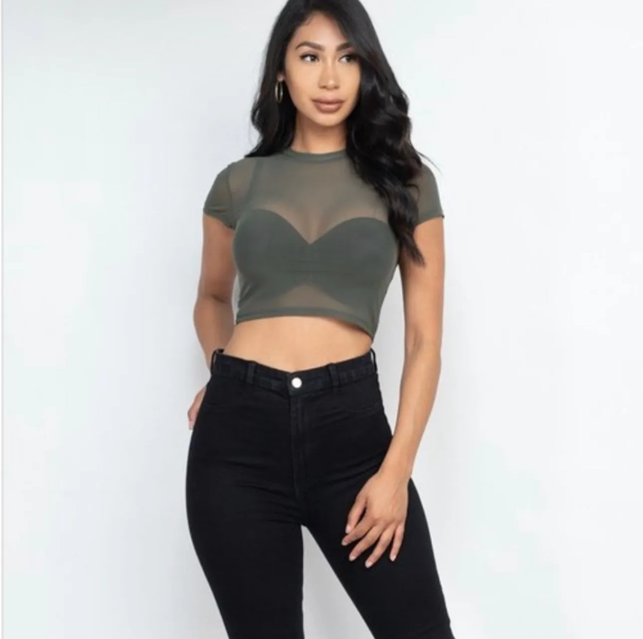 Win My Heart Sheer Mesh Short Sleeve Olive Crop Top