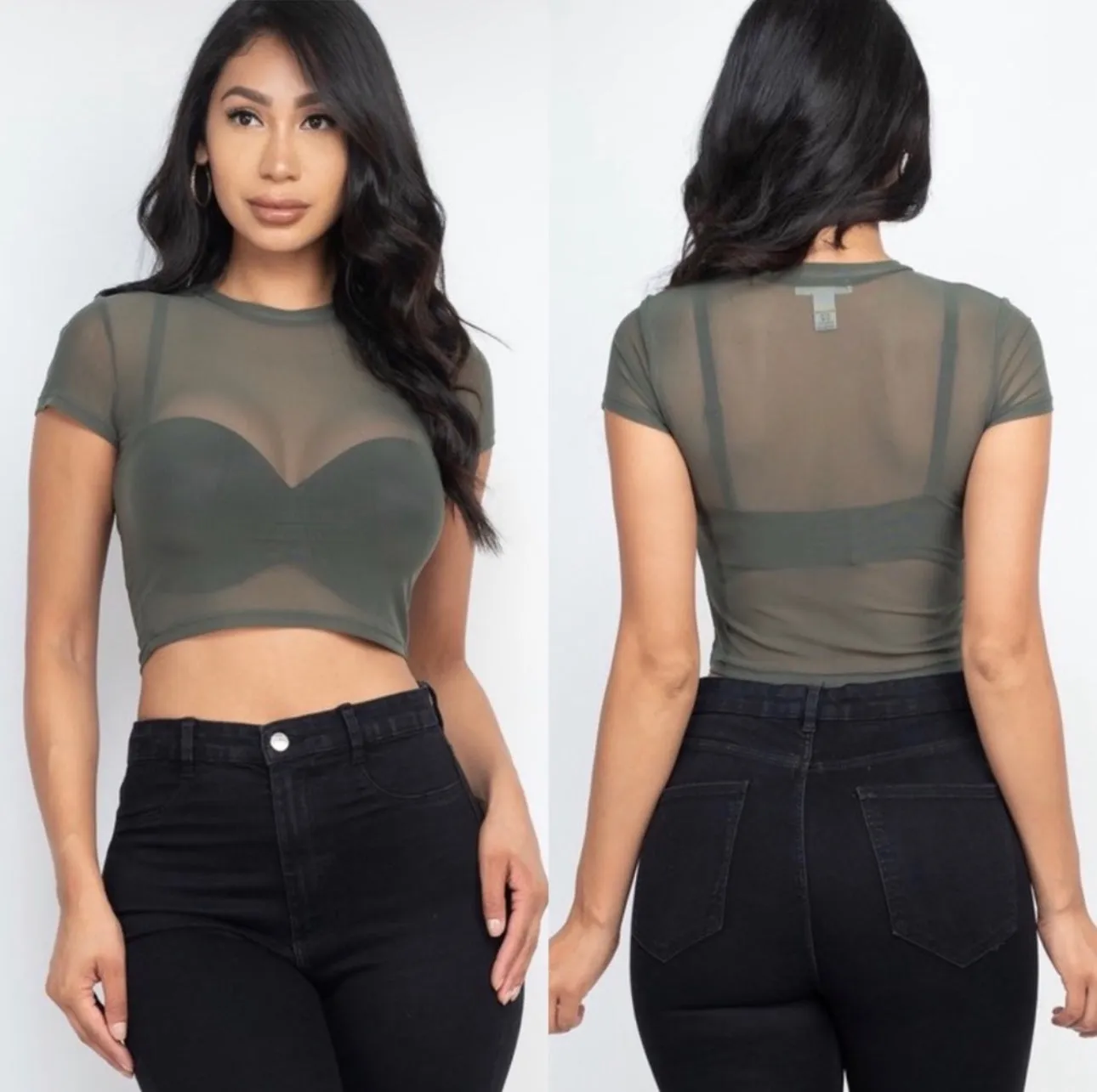 Win My Heart Sheer Mesh Short Sleeve Olive Crop Top