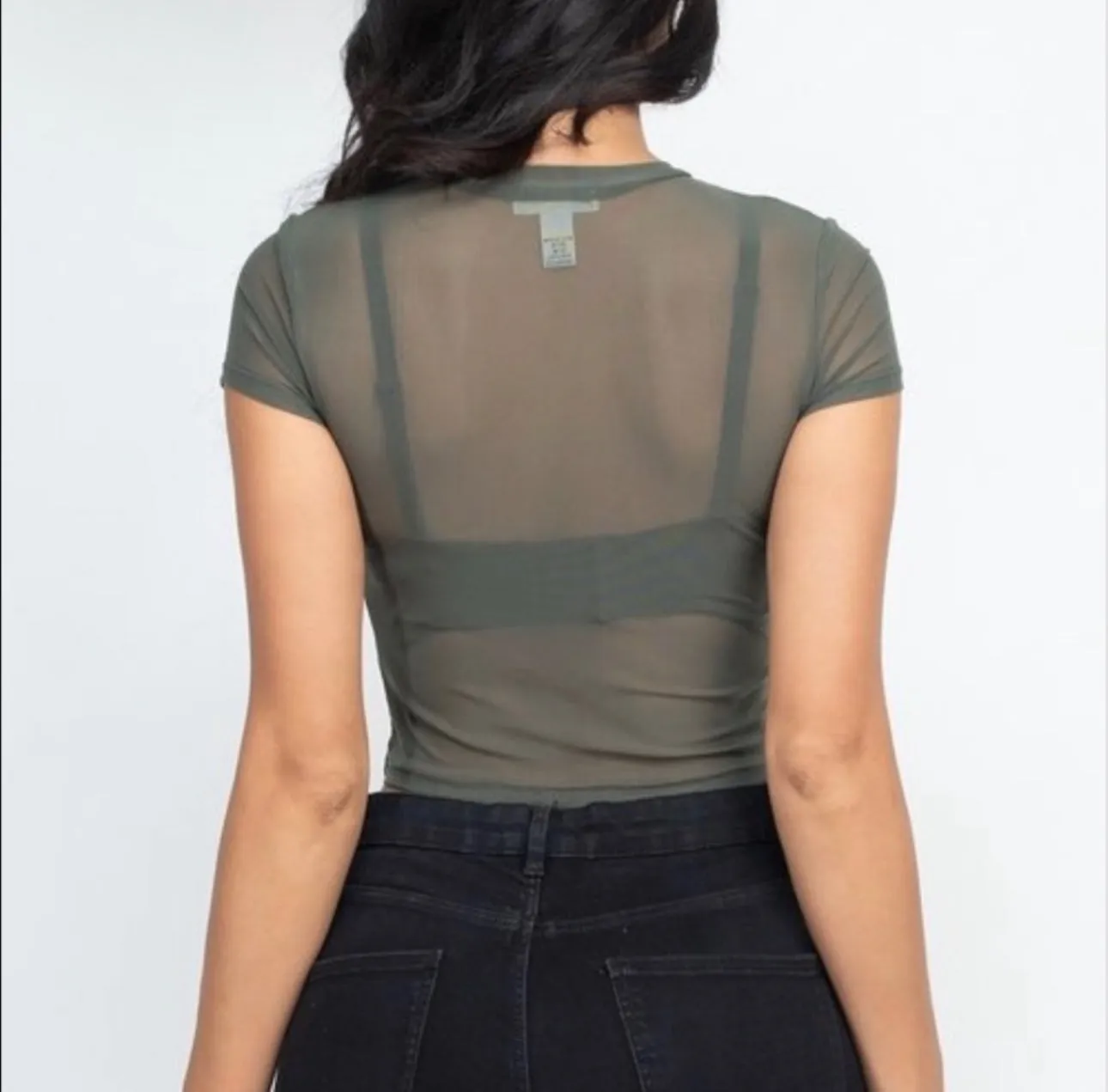 Win My Heart Sheer Mesh Short Sleeve Olive Crop Top