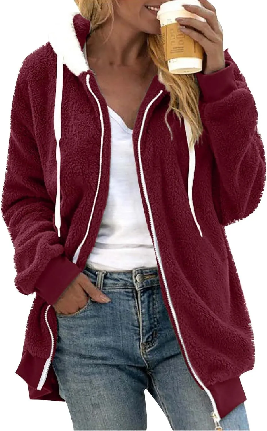 Winter Coats for Women Plus Size Fuzzy Sherpa Jacket Hoodies Color Block Warm Faux Fur Coat Outerwear with Pocket S-5X
