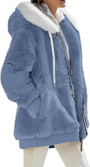 Winter Coats for Women Plus Size Fuzzy Sherpa Jacket Hoodies Color Block Warm Faux Fur Coat Outerwear with Pocket S-5X