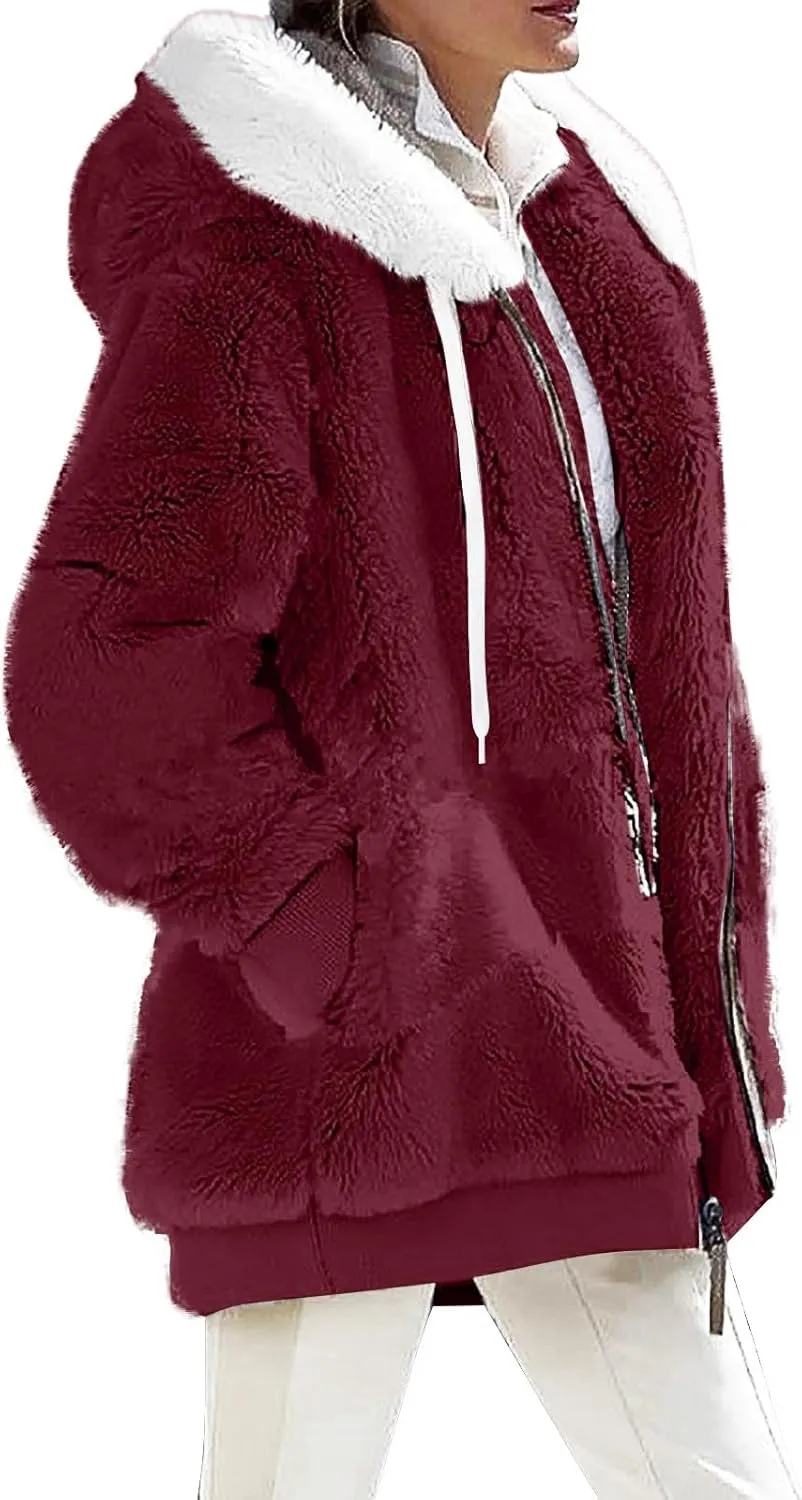 Winter Coats for Women Plus Size Fuzzy Sherpa Jacket Hoodies Color Block Warm Faux Fur Coat Outerwear with Pocket S-5X