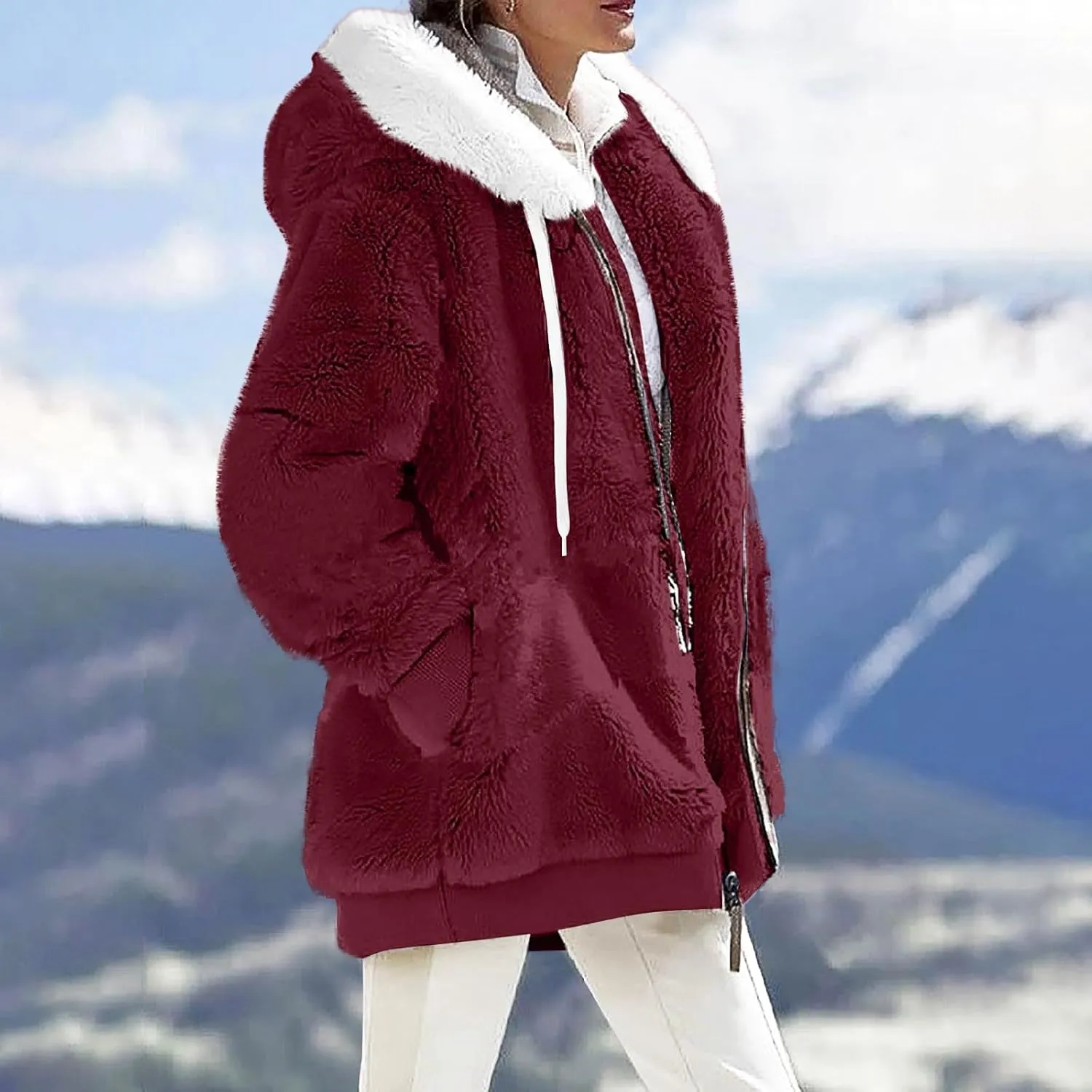 Winter Coats for Women Plus Size Fuzzy Sherpa Jacket Hoodies Color Block Warm Faux Fur Coat Outerwear with Pocket S-5X