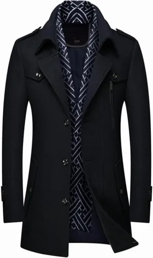 Winter Men'S Wool Coats M-Long Scarf Collar Cotton-Padded Thick Warm Woolen Trench Overcoat