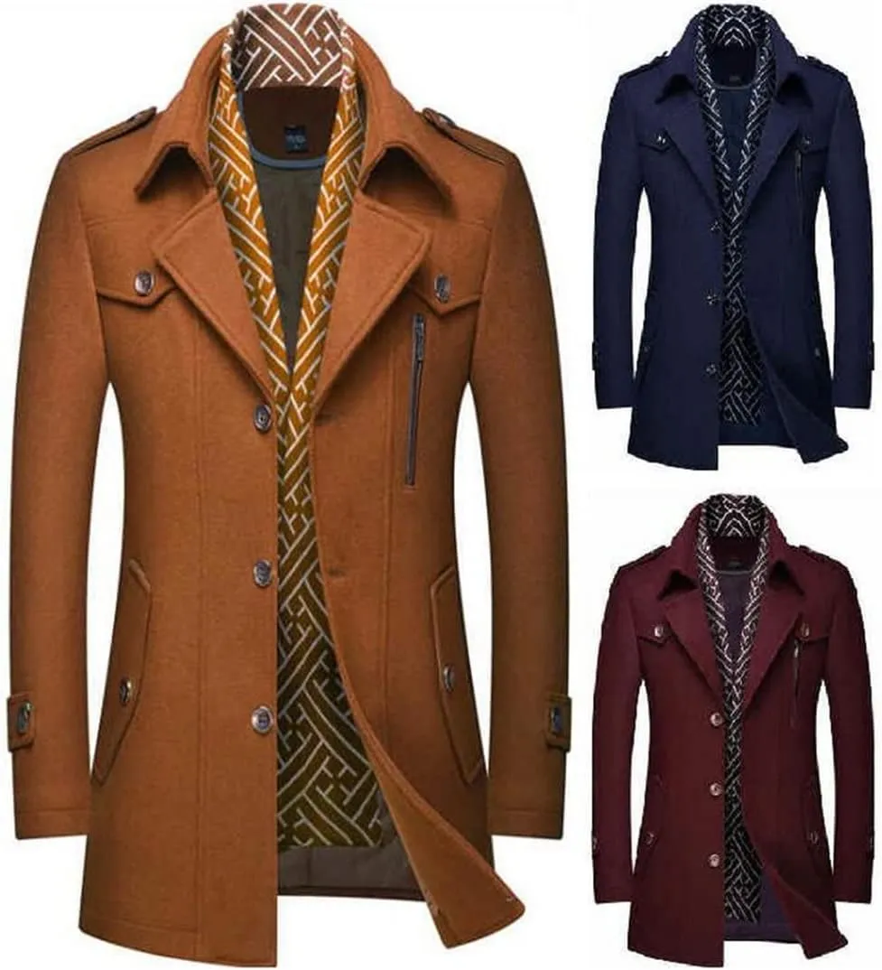 Winter Men'S Wool Coats M-Long Scarf Collar Cotton-Padded Thick Warm Woolen Trench Overcoat