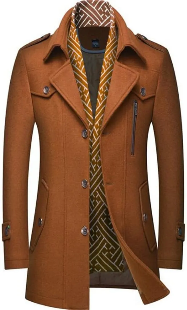 Winter Men'S Wool Coats M-Long Scarf Collar Cotton-Padded Thick Warm Woolen Trench Overcoat