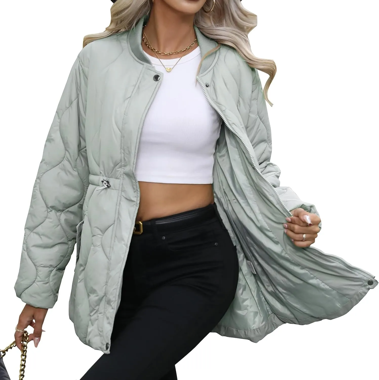 Winter Puffer Jacket Women Quilted Coats Warm Long Sleeves Puffy Jackets Women Down Coat