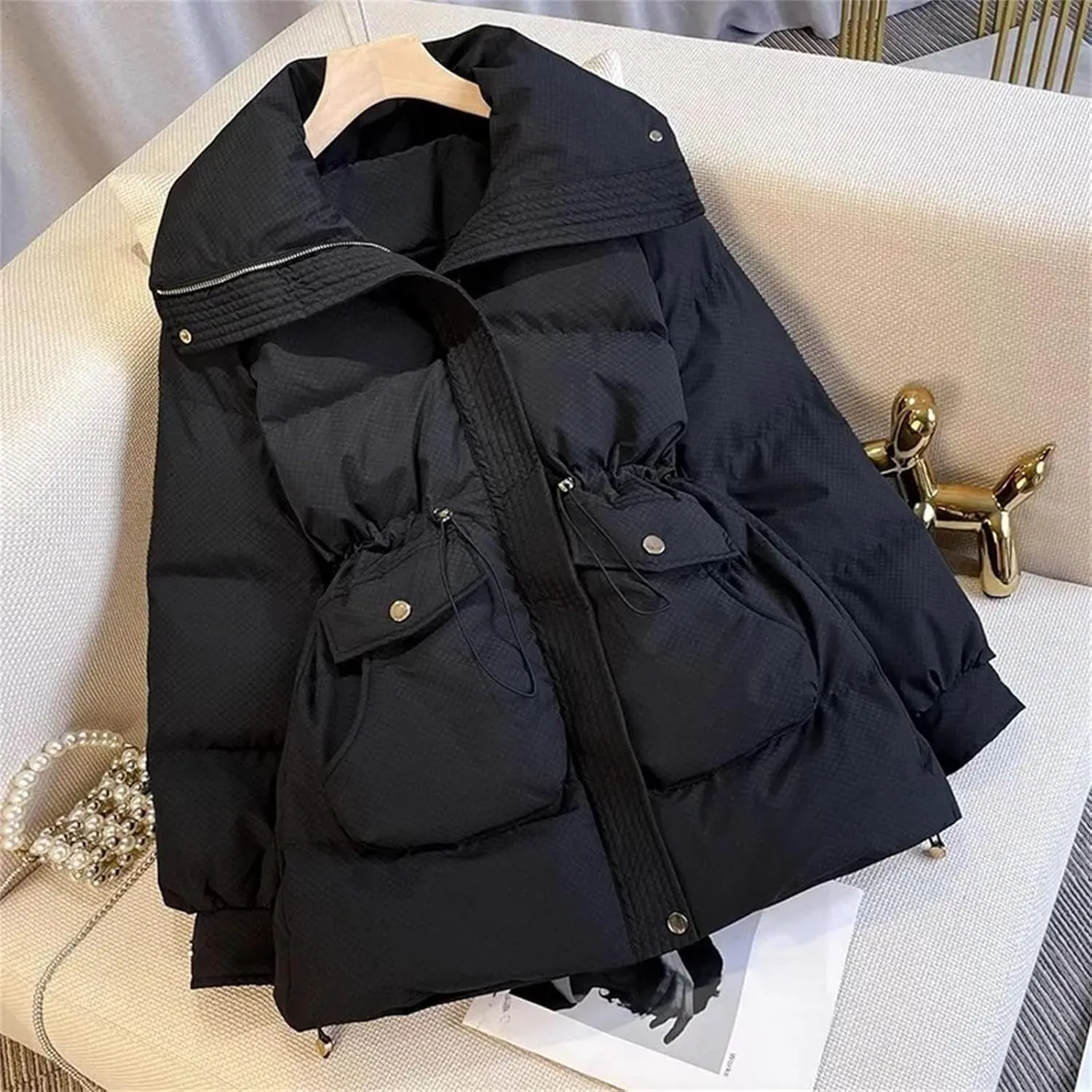 Winter Short Stand Collar Thicken Bread Jacket Puffer Ottwear Women's Jacket Drawstring Cotton-padded Clothes Down Coat