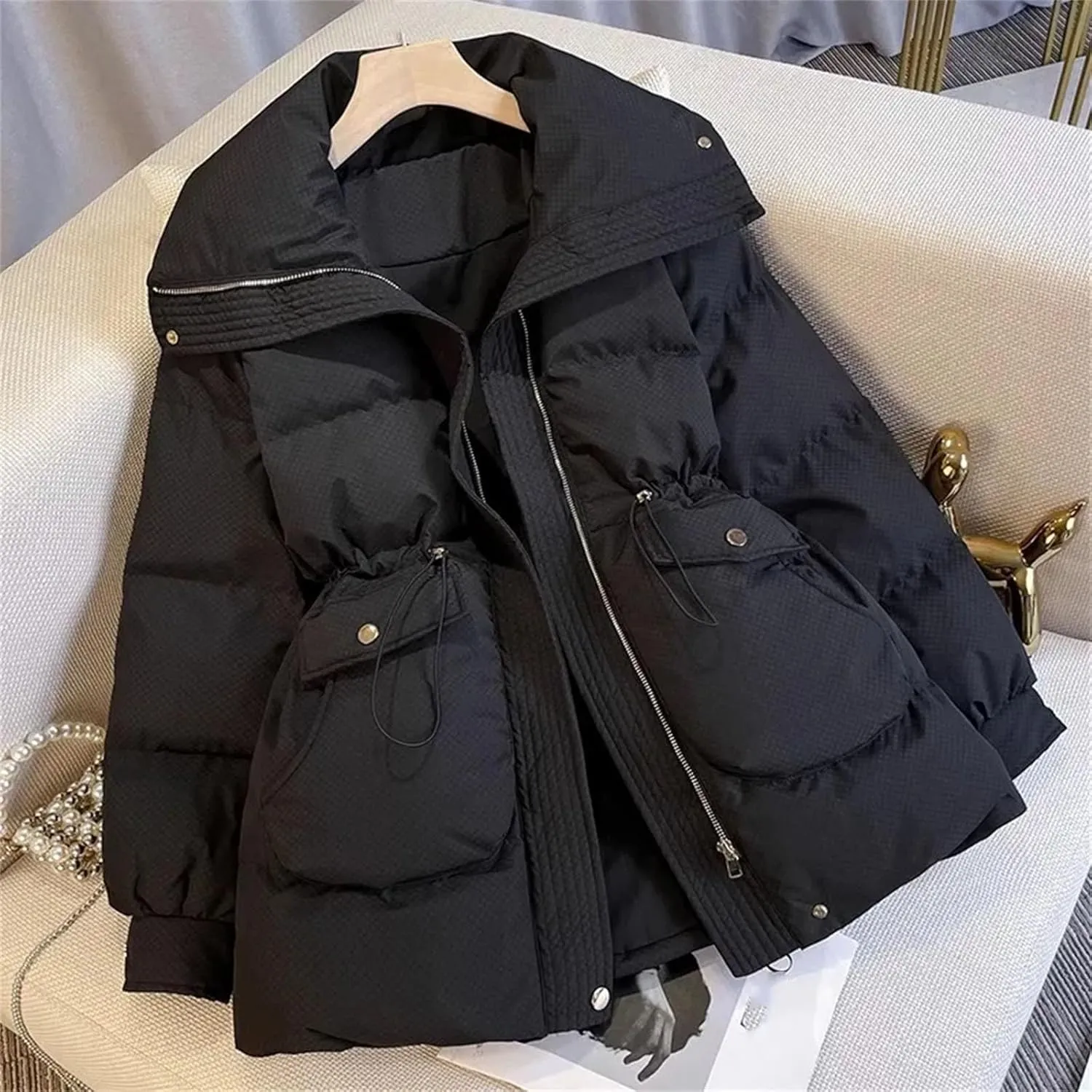 Winter Short Stand Collar Thicken Bread Jacket Puffer Ottwear Women's Jacket Drawstring Cotton-padded Clothes Down Coat