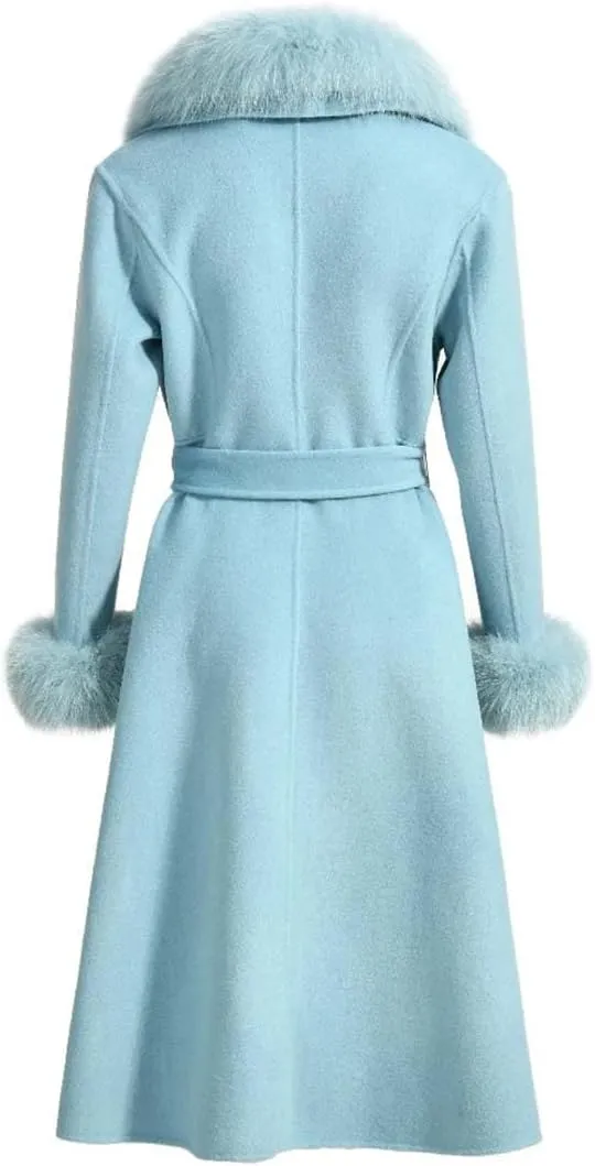 Women Autumn Winter Cashmere Coat Real Collar And Cuff Belt Slim Long Trench Warm Solid Outerwear