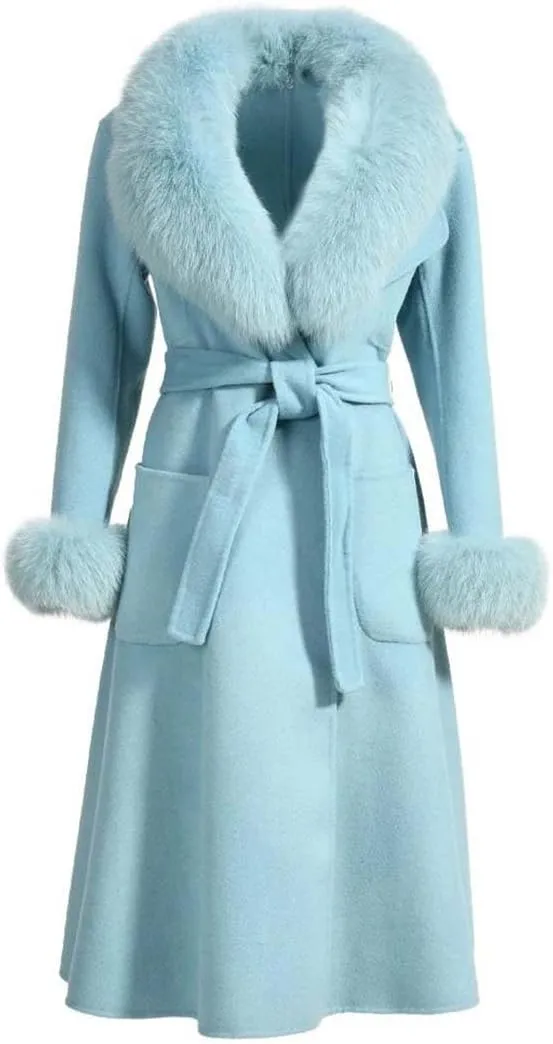 Women Autumn Winter Cashmere Coat Real Collar And Cuff Belt Slim Long Trench Warm Solid Outerwear