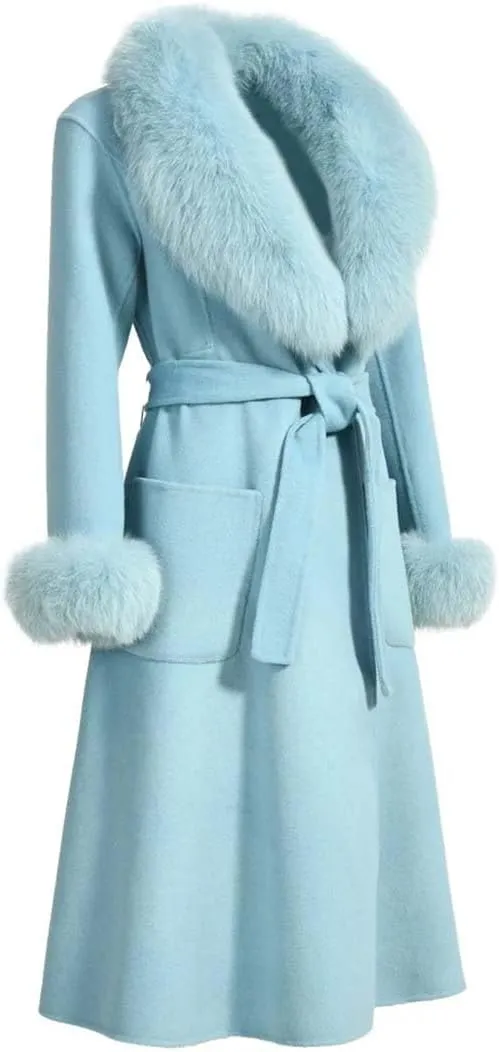 Women Autumn Winter Cashmere Coat Real Collar And Cuff Belt Slim Long Trench Warm Solid Outerwear