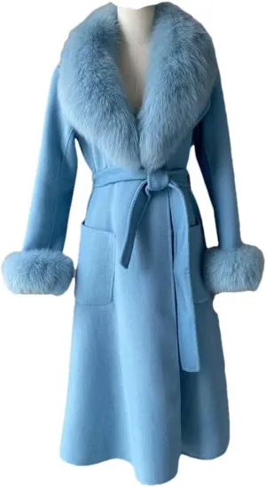Women Autumn Winter Cashmere Coat Real Collar And Cuff Belt Slim Long Trench Warm Solid Outerwear