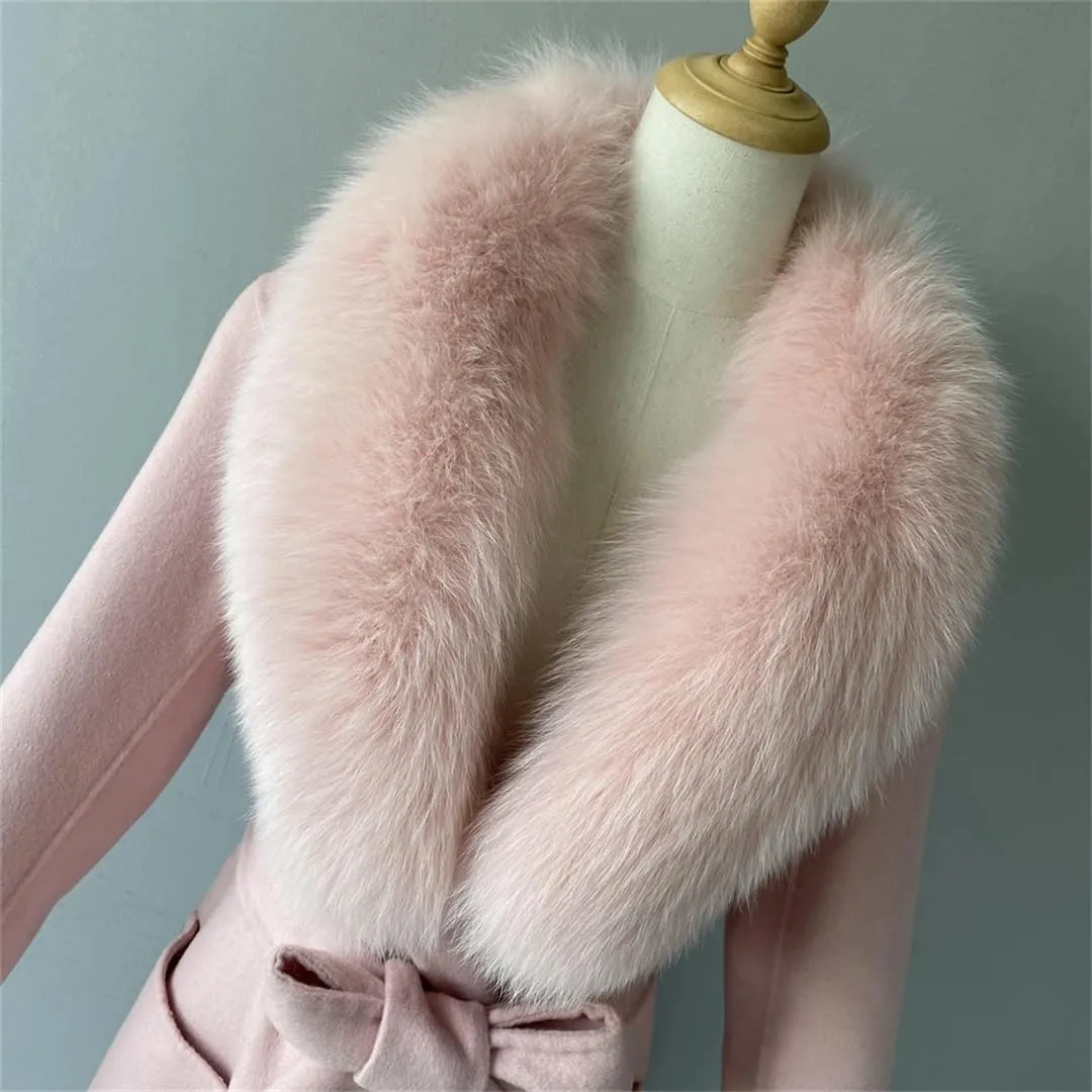 Women Autumn Winter Cashmere Coat Real Collar And Cuff Belt Slim Long Trench Warm Solid Outerwear