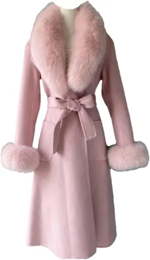 Women Autumn Winter Cashmere Coat Real Collar And Cuff Belt Slim Long Trench Warm Solid Outerwear