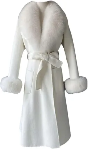 Women Autumn Winter Cashmere Coat Real Collar And Cuff Belt Slim Long Trench Warm Solid Outerwear