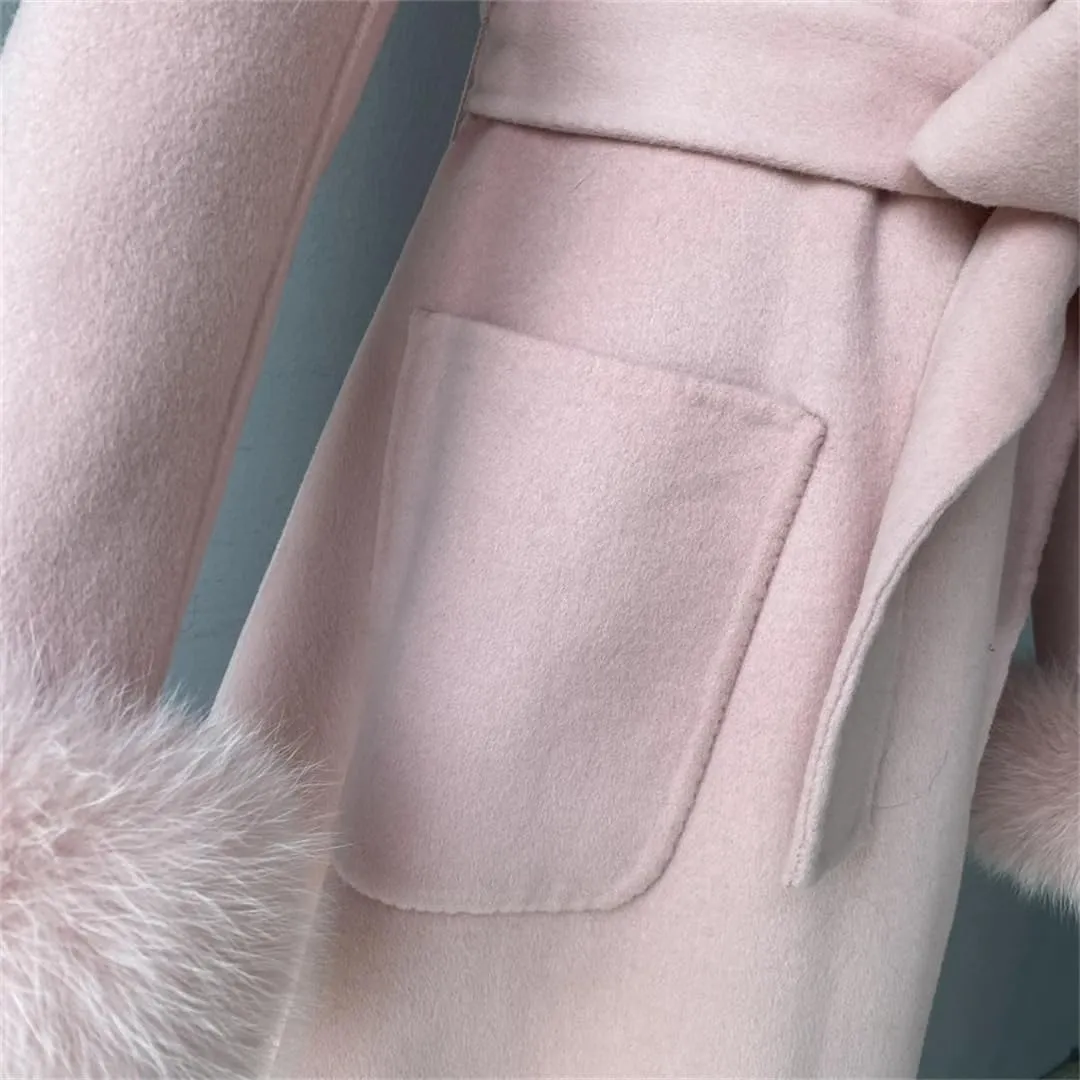 Women Autumn Winter Cashmere Coat Real Collar And Cuff Belt Slim Long Trench Warm Solid Outerwear