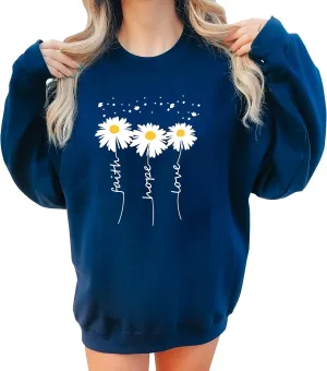 Women Crewneck Daisy Print Long Sleeve Sweatshirts Faith-Hope-Love Graphic Tops Regular Fit Sweatshirt