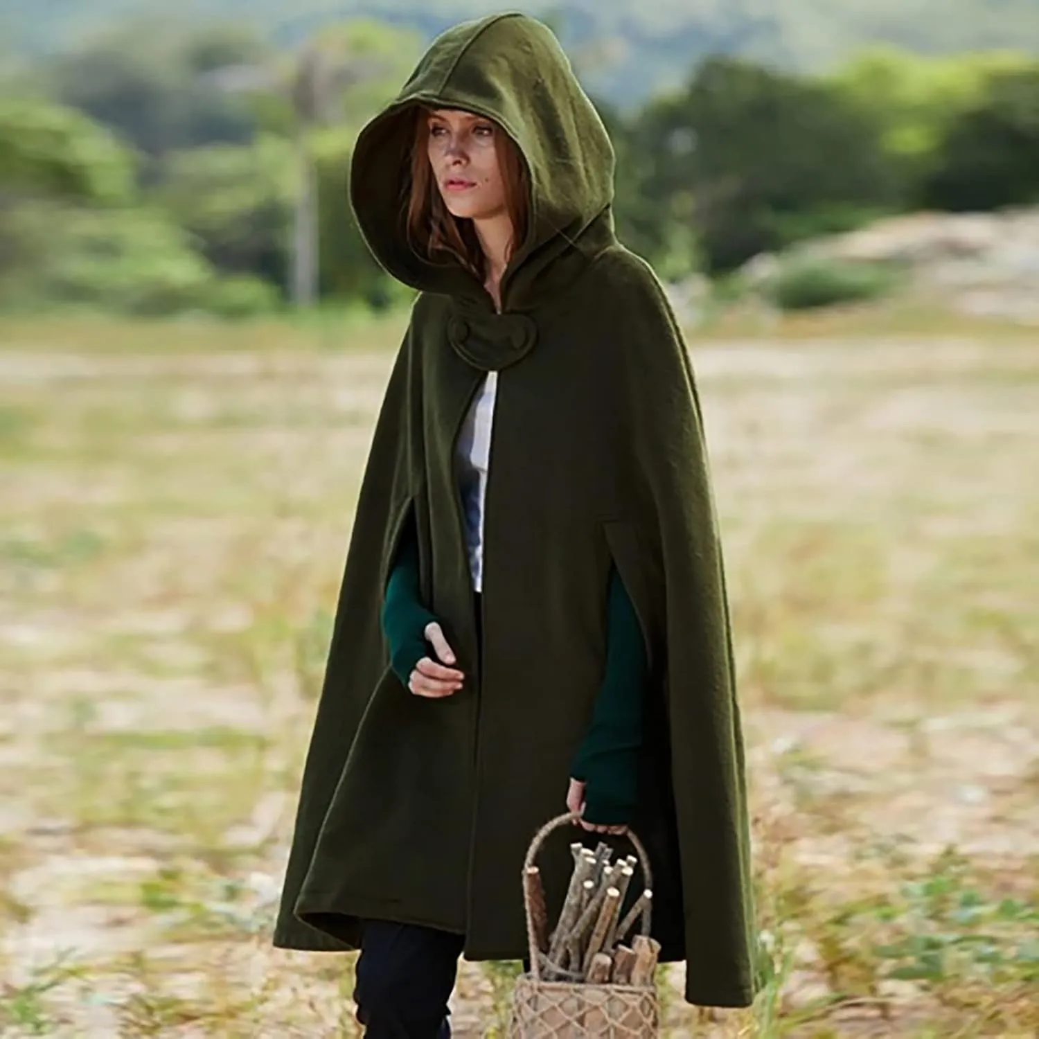 Women Fall Winter Trench Coat Cloak Hooded Long Open Front Cape Coat Poncho Batwing Cardigan Wool Blend Solid Outwear