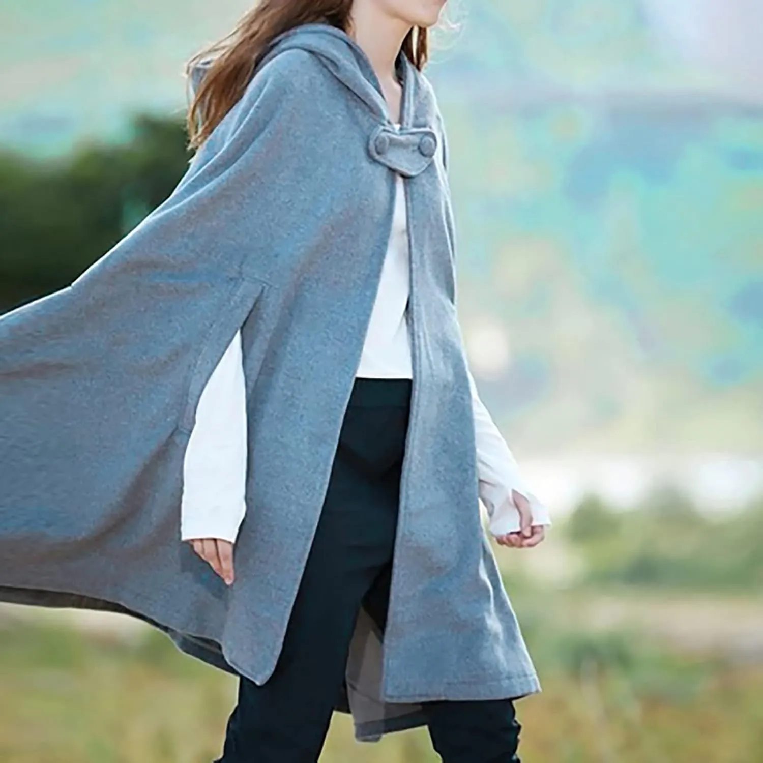 Women Fall Winter Trench Coat Cloak Hooded Long Open Front Cape Coat Poncho Batwing Cardigan Wool Blend Solid Outwear