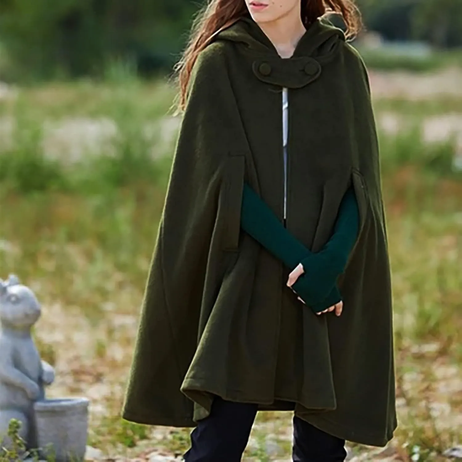 Women Fall Winter Trench Coat Cloak Hooded Long Open Front Cape Coat Poncho Batwing Cardigan Wool Blend Solid Outwear