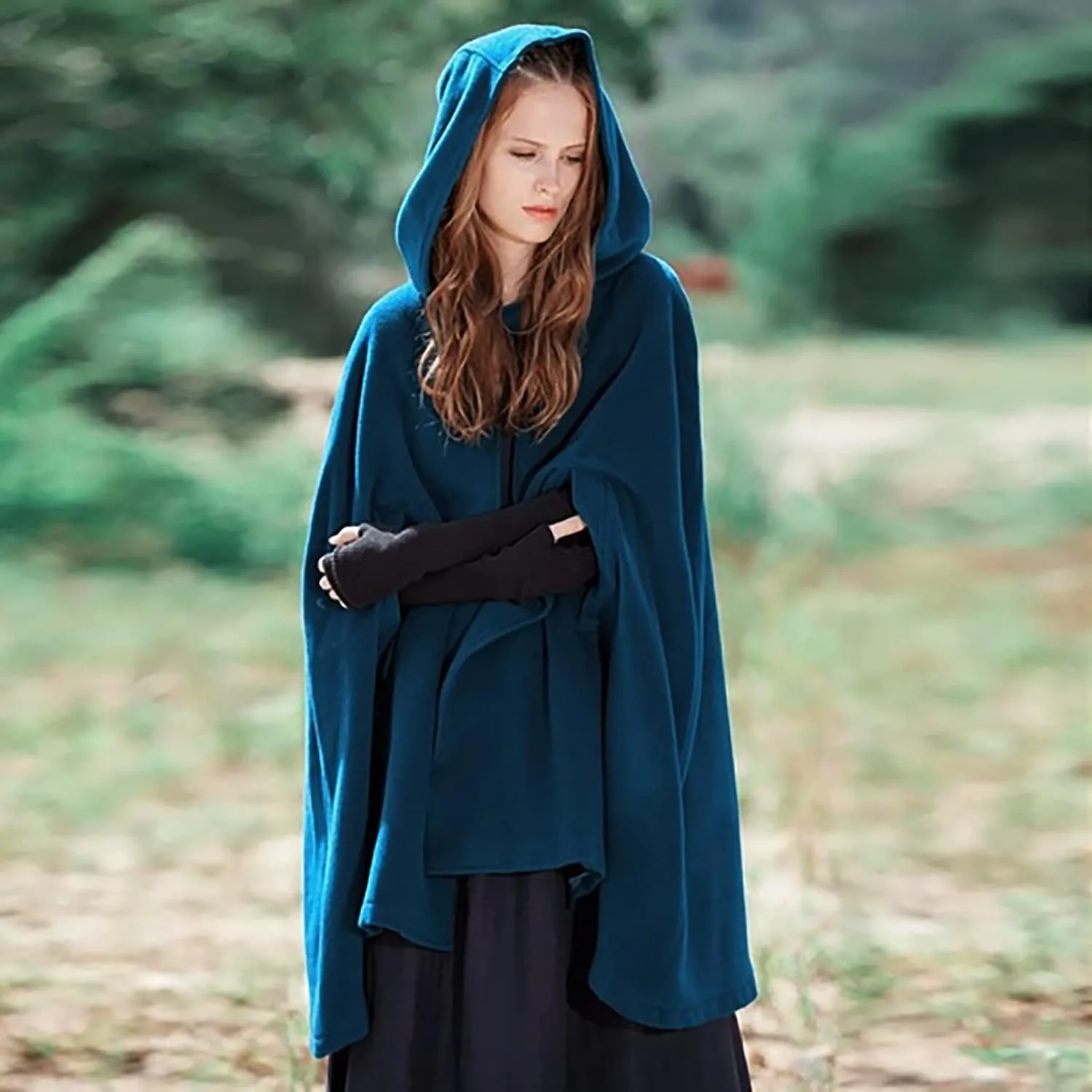 Women Fall Winter Trench Coat Cloak Hooded Long Open Front Cape Coat Poncho Batwing Cardigan Wool Blend Solid Outwear