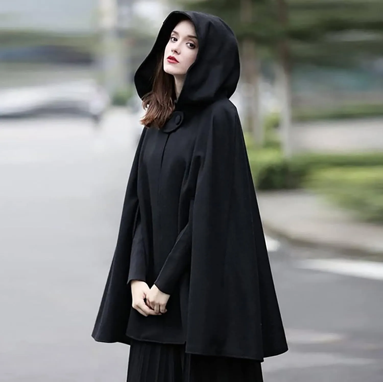 Women Fall Winter Trench Coat Cloak Hooded Long Open Front Cape Coat Poncho Batwing Cardigan Wool Blend Solid Outwear