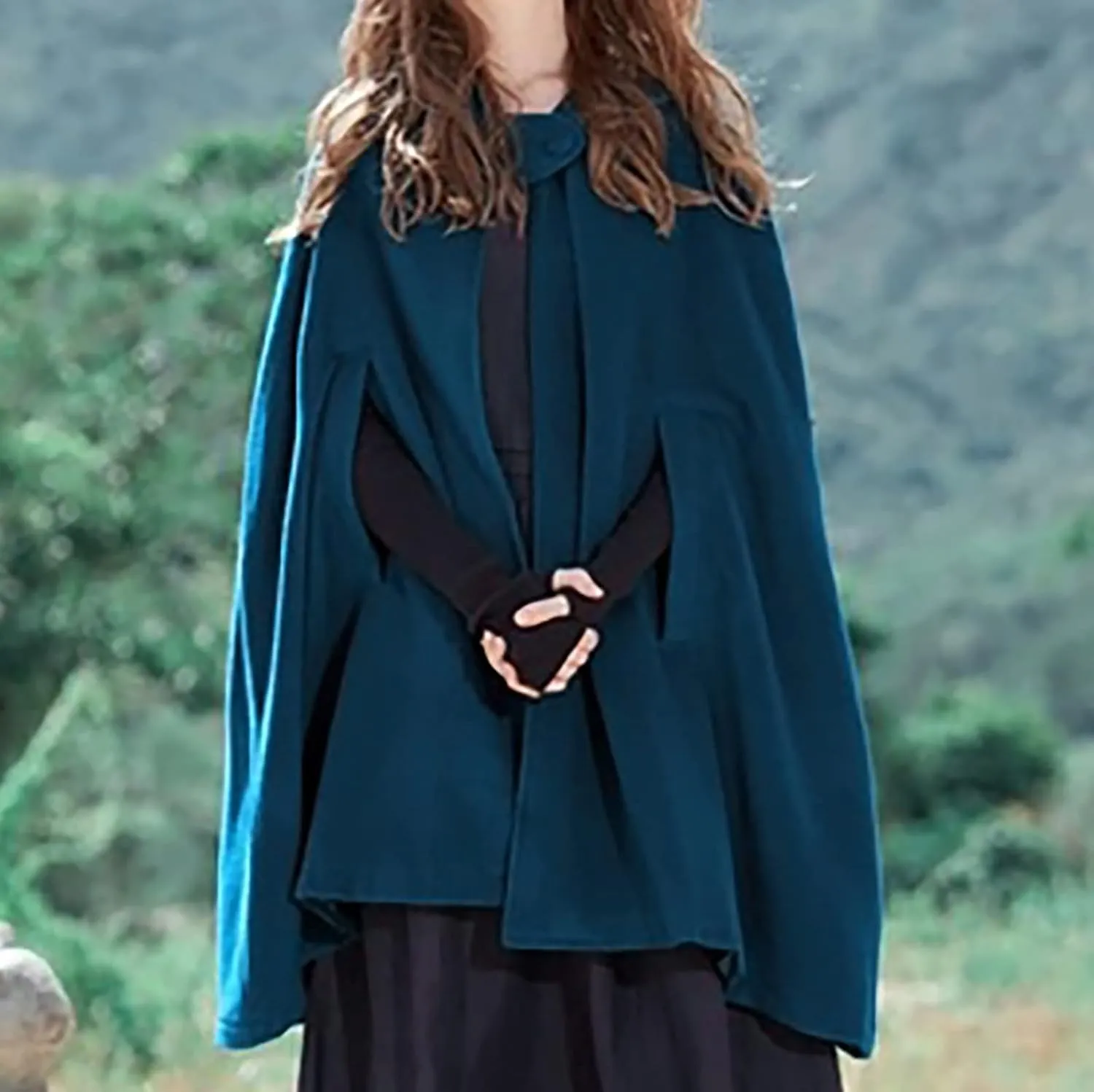 Women Fall Winter Trench Coat Cloak Hooded Long Open Front Cape Coat Poncho Batwing Cardigan Wool Blend Solid Outwear