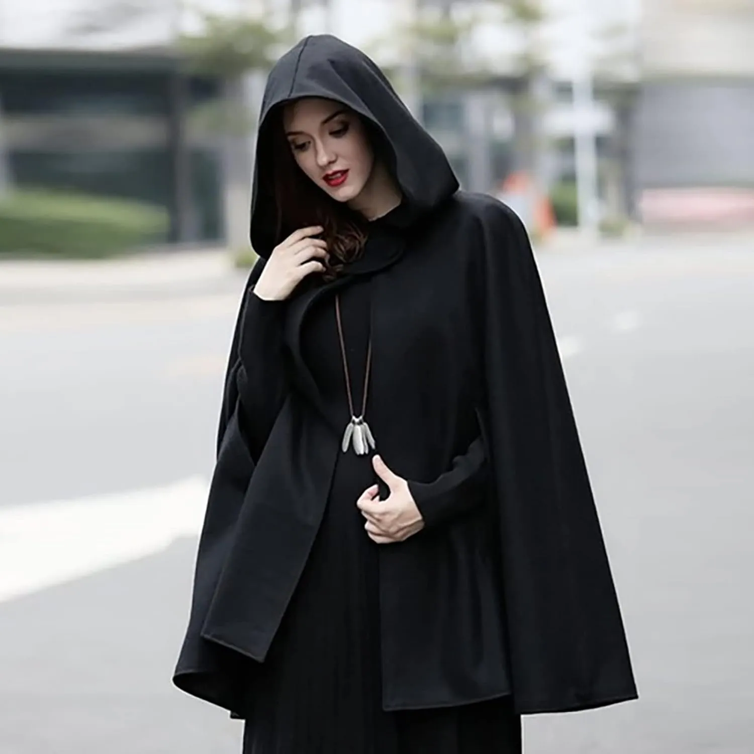Women Fall Winter Trench Coat Cloak Hooded Long Open Front Cape Coat Poncho Batwing Cardigan Wool Blend Solid Outwear