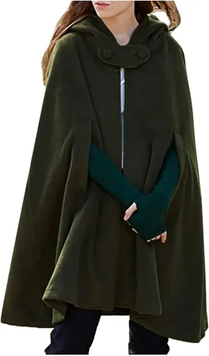 Women Fall Winter Trench Coat Cloak Hooded Long Open Front Cape Coat Poncho Batwing Cardigan Wool Blend Solid Outwear