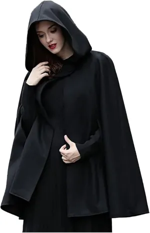 Women Fall Winter Trench Coat Cloak Hooded Long Open Front Cape Coat Poncho Batwing Cardigan Wool Blend Solid Outwear