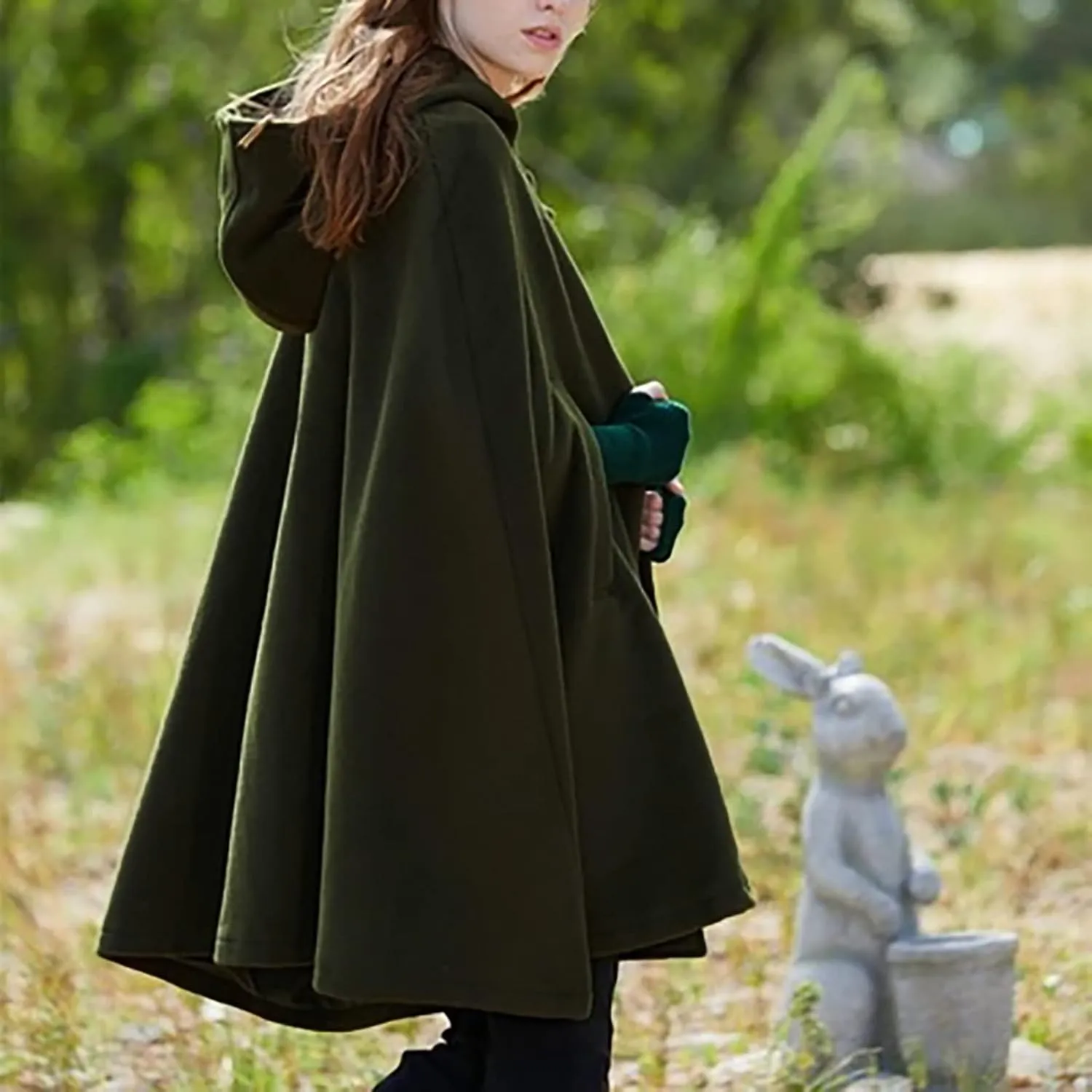 Women Fall Winter Trench Coat Cloak Hooded Long Open Front Cape Coat Poncho Batwing Cardigan Wool Blend Solid Outwear