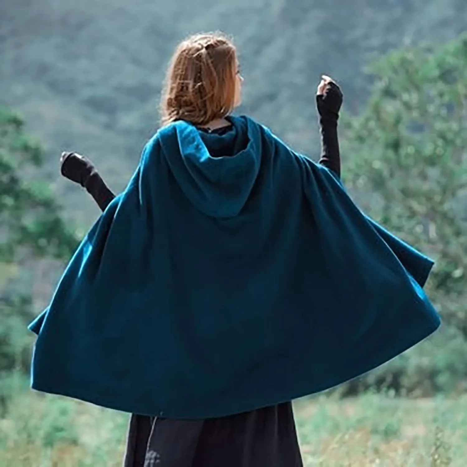 Women Fall Winter Trench Coat Cloak Hooded Long Open Front Cape Coat Poncho Batwing Cardigan Wool Blend Solid Outwear