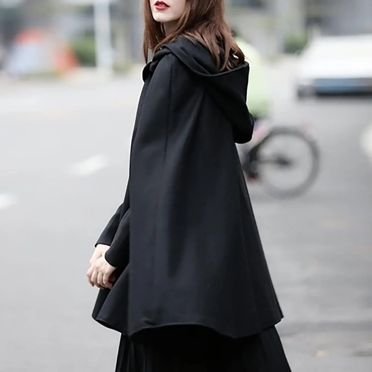 Women Fall Winter Trench Coat Cloak Hooded Long Open Front Cape Coat Poncho Batwing Cardigan Wool Blend Solid Outwear