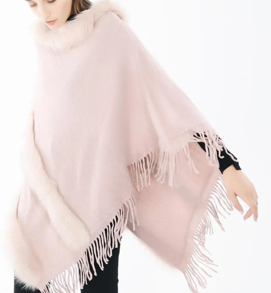 Women Faux Fur Shawl Cloak Round Neck Tassel Pullover Sweater Knitting Poncho