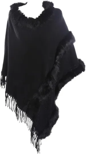 Women Faux Fur Shawl Cloak Round Neck Tassel Pullover Sweater Knitting Poncho