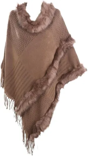 Women Faux Fur Shawl Cloak Round Neck Tassel Pullover Sweater Knitting Poncho