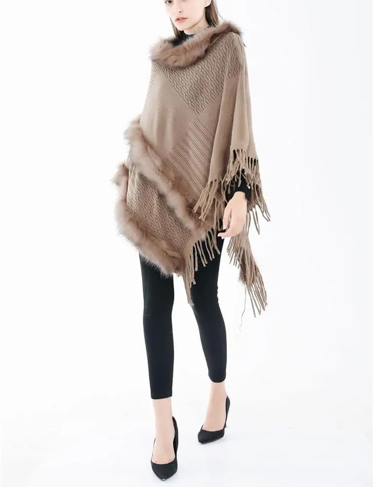 Women Faux Fur Shawl Cloak Round Neck Tassel Pullover Sweater Knitting Poncho