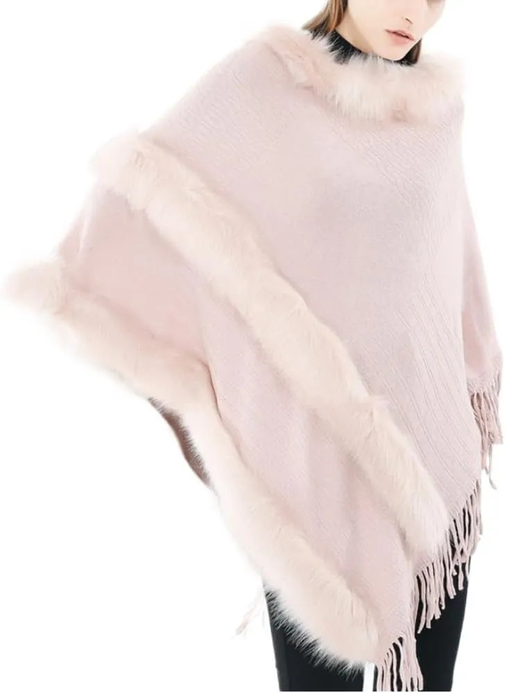 Women Faux Fur Shawl Cloak Round Neck Tassel Pullover Sweater Knitting Poncho