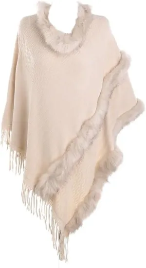 Women Faux Fur Shawl Cloak Round Neck Tassel Pullover Sweater Knitting Poncho