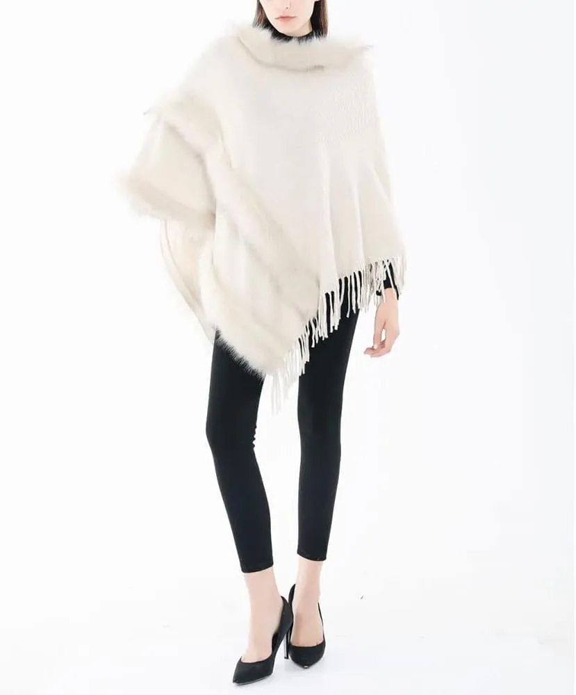 Women Faux Fur Shawl Cloak Round Neck Tassel Pullover Sweater Knitting Poncho