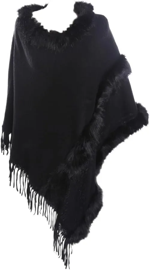 Women Faux Fur Shawl Cloak Round Neck Tassel Pullover Sweater Knitting Poncho