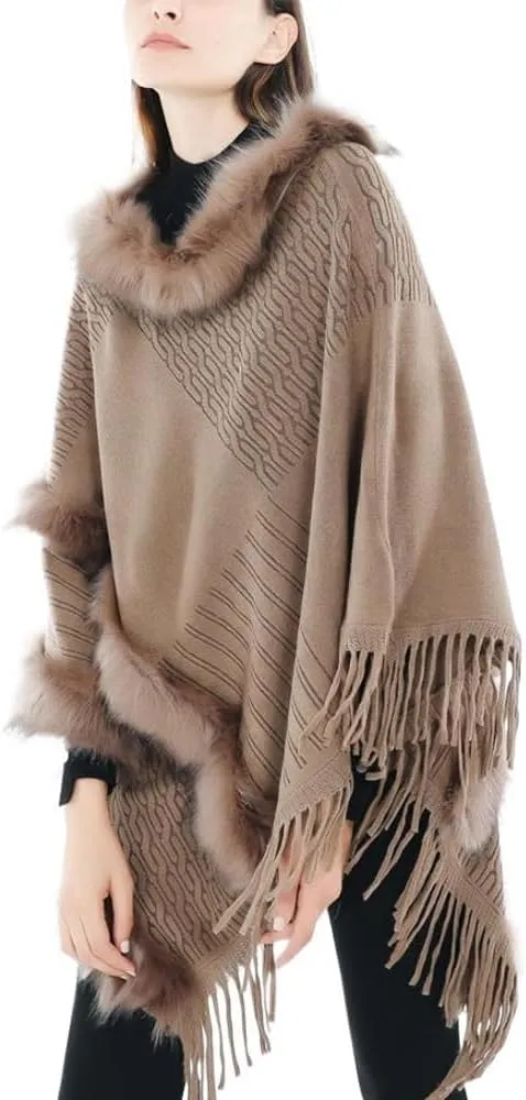 Women Faux Fur Shawl Cloak Round Neck Tassel Pullover Sweater Knitting Poncho